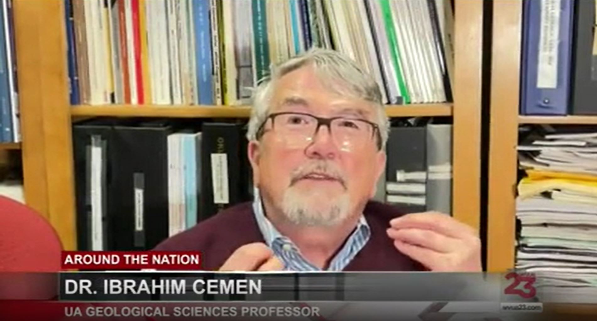Prof. Çemen in his office, being interviewed about the earthquake in Turkey.